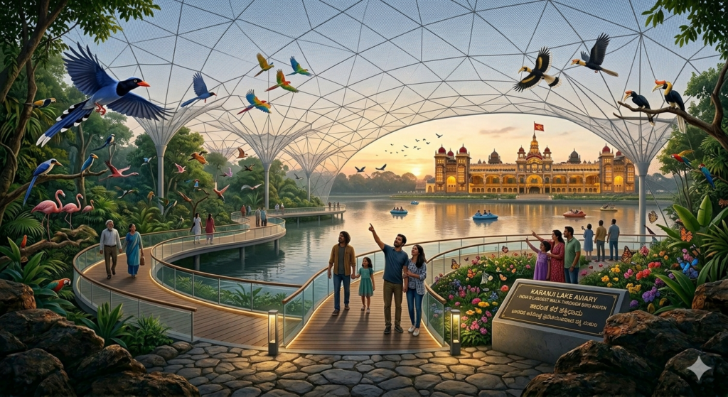 family enjoying india's largest walk through aviary at karanji lake mysuru with colorful exotic birds and mysore palace at sunset