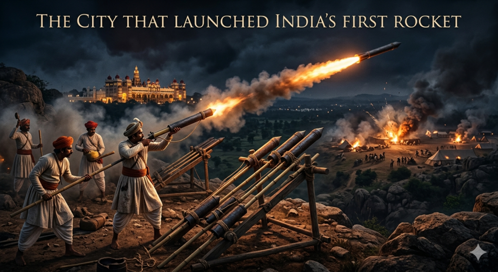 tipu sultan's mysore rocket artillery being launched in 1780s with mysore palace in background history of india's first rockets