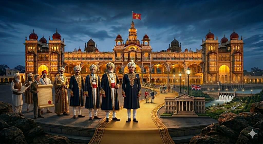 wodeyar dynasty rulers standing before the illuminated mysore palace representing 500 years of royal rule in mysuru karnataka